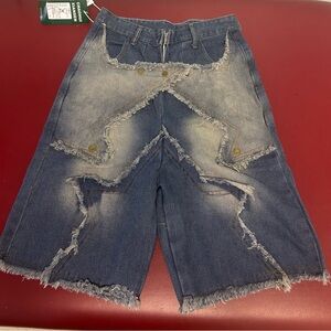 Distressed Blue Fringed Jean Shorts with Intricate Star Shaped Embellishment